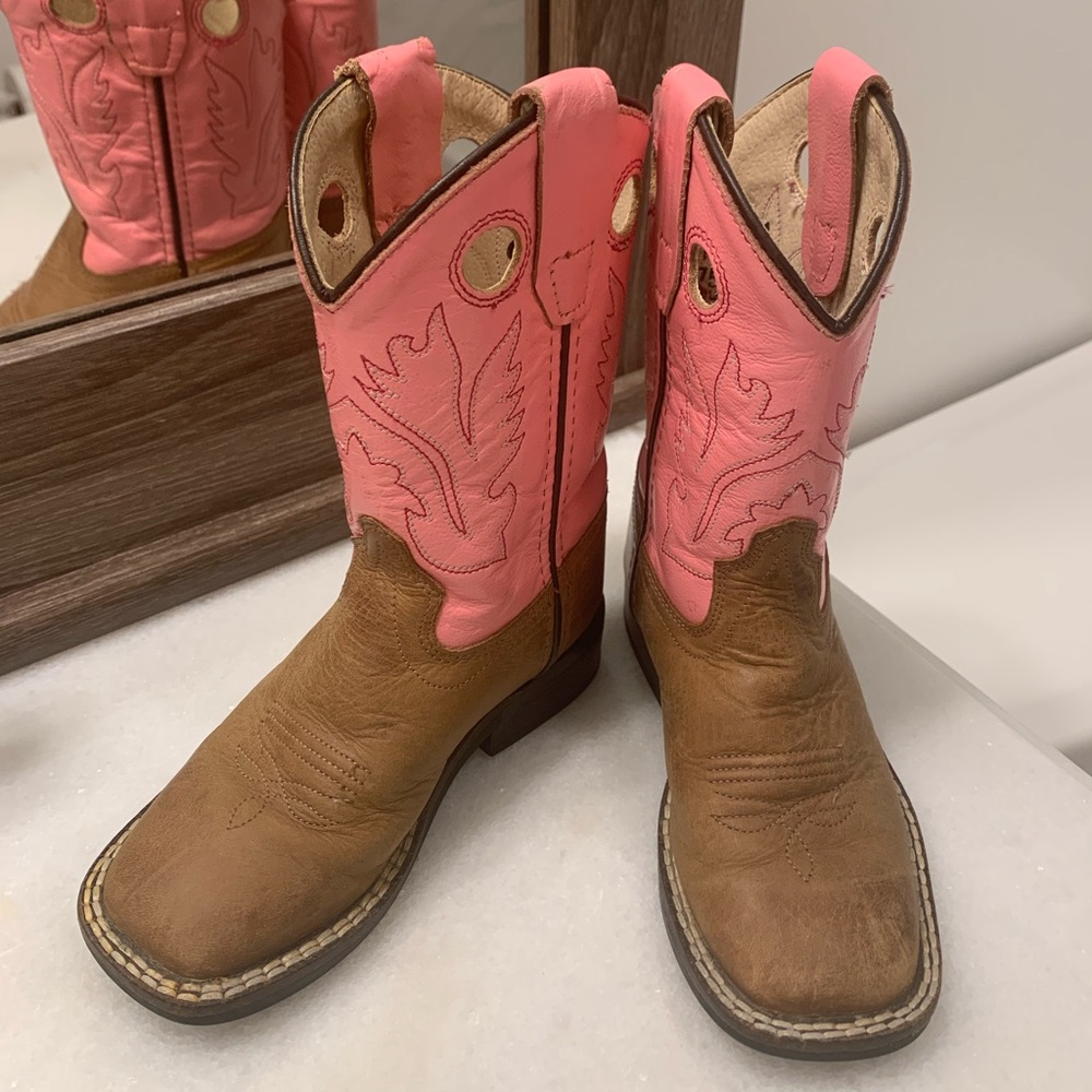 Genuine Leather Girls Cowgirl Boots | Tan and Pink | Size 11.5 | Like New